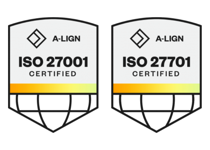 ISO 27001 and 27701 badges are shown with the word "CERTIFIED" underneath the numbers.
