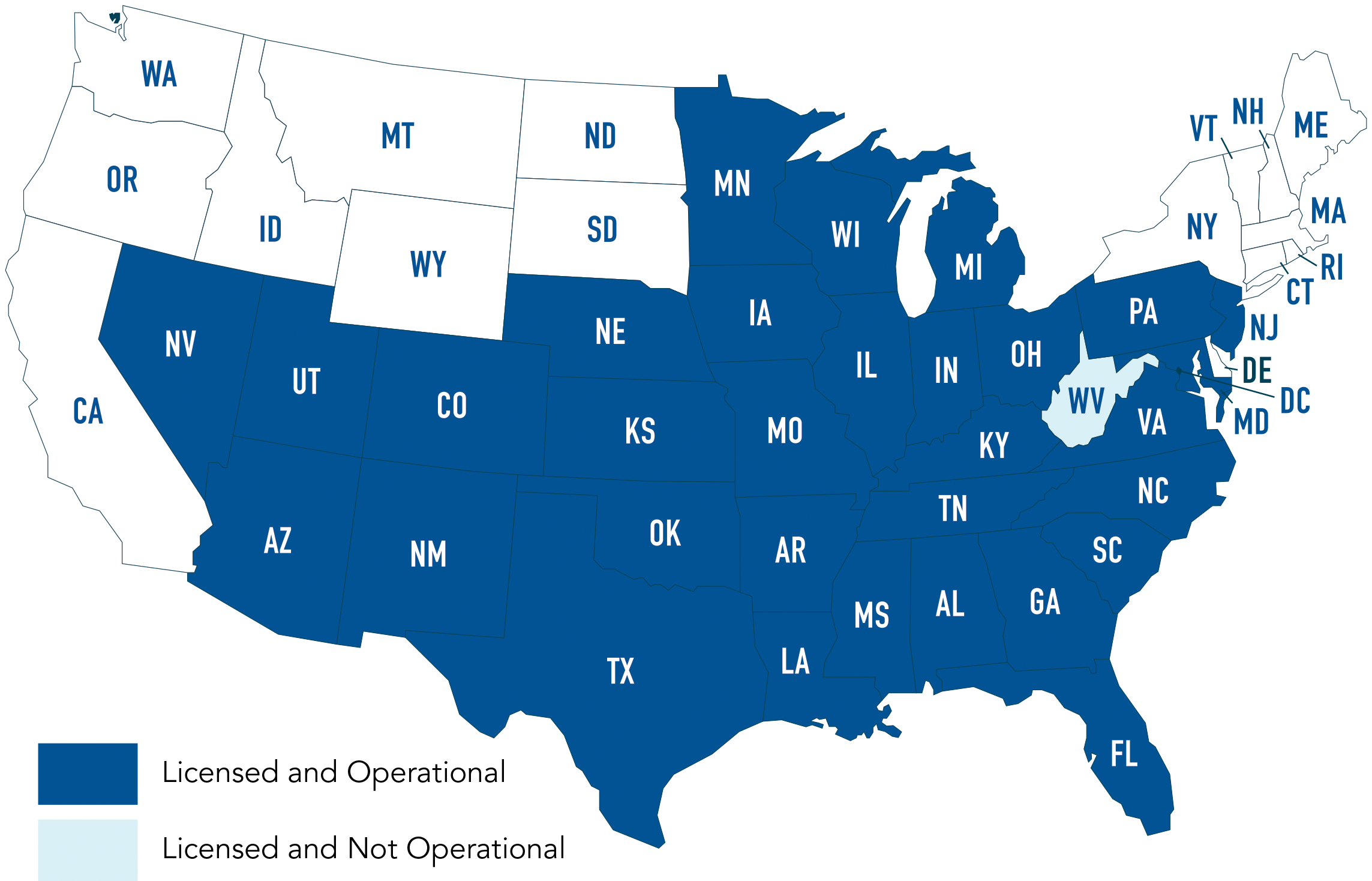 Map of the United States highlighting Alliant National Title Insurance Company’s service area. Dark blue states indicate where the company is licensed and operational, while light blue indicates licensed but not yet operational. Most U.S. states are actively served.