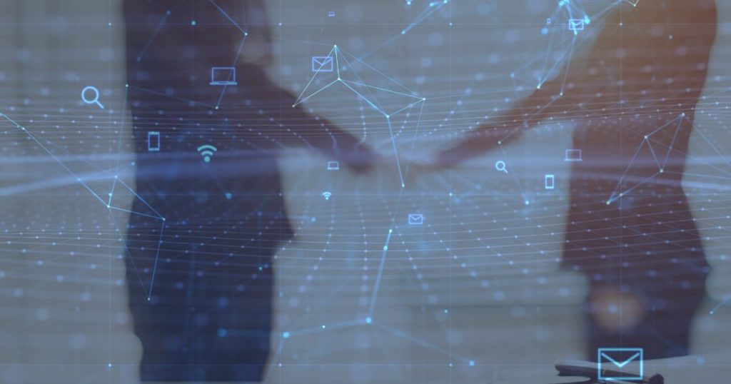 Two people shake hands in the background, overlaid with a digital network of icons representing email, Wi-Fi, search, and other technology, symbolizing a tech-driven partnership