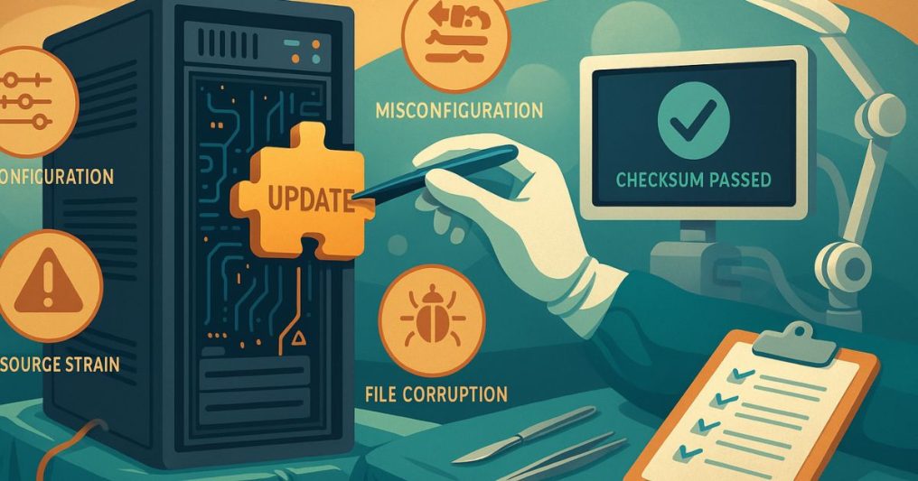 Illustration of a technician inserting a puzzle piece labeled “UPDATE” into a server, surrounded by warnings like file corruption and misconfiguration—representing system maintenance and IT troubleshooting.