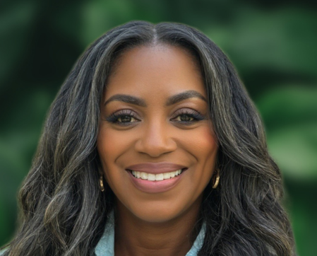 Cynthia Smith headshot on a green and black background.