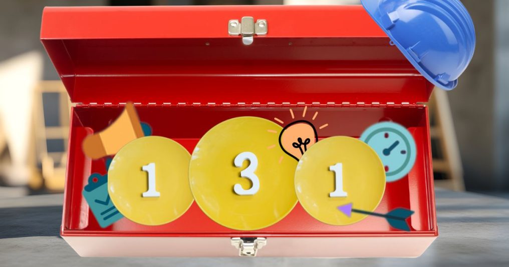 A red toolbox filled with icons like a clipboard, clock, megaphone, and lightbulb, along with gold circles labeled 1-3-1, and a blue hard hat resting on top—symbolizing a structured toolkit for marketing or business strategy.