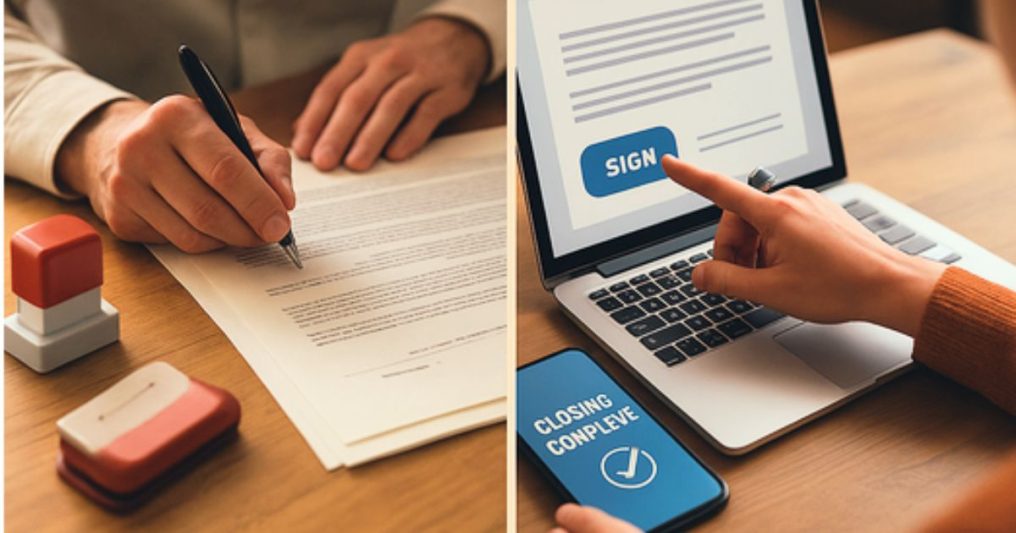 Split image showing a person signing a paper document with a pen on one side, and another person clicking a digital "Sign" button on a laptop—illustrating the shift from traditional wet signatures to digital closing technology.