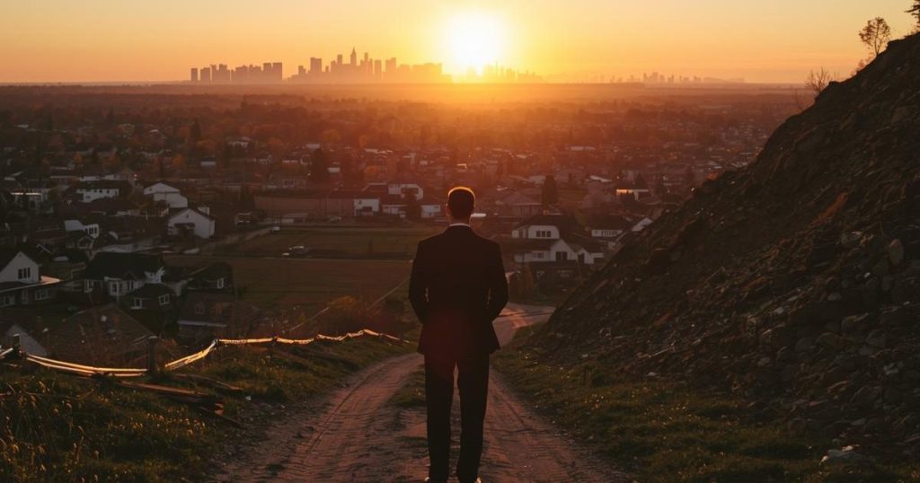A man in a suit stands on a dirt path overlooking a city at sunset, symbolizing cautious optimism and forward-looking perspective in the real estate market.