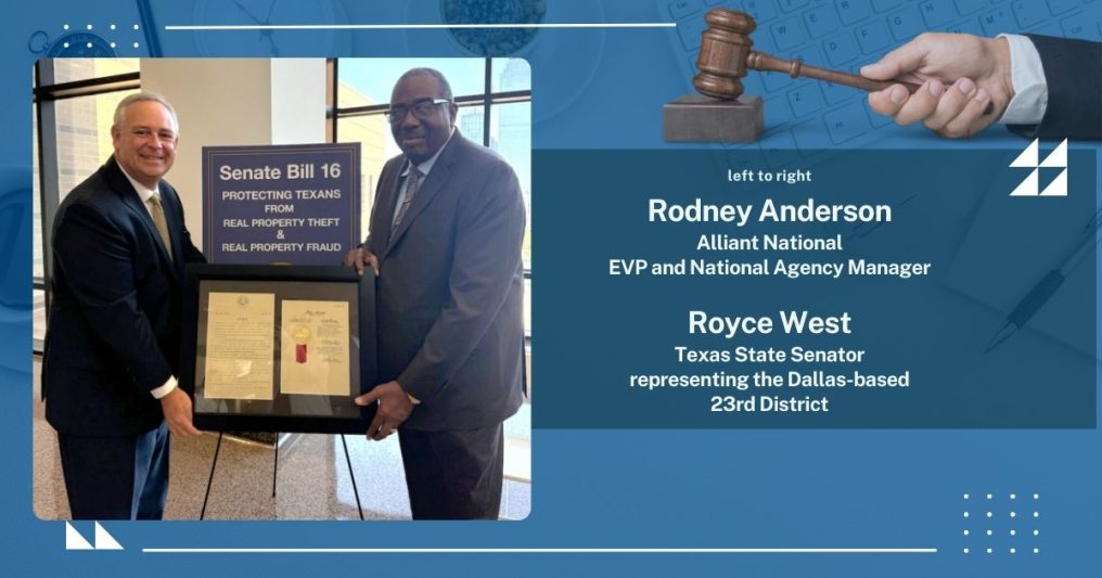 Rodney Anderson and Texas State Senator Royce West stand beside a framed copy of Senate Bill 16, which aims to protect Texans from real property theft and fraud. The display highlights their roles in supporting this legislation.