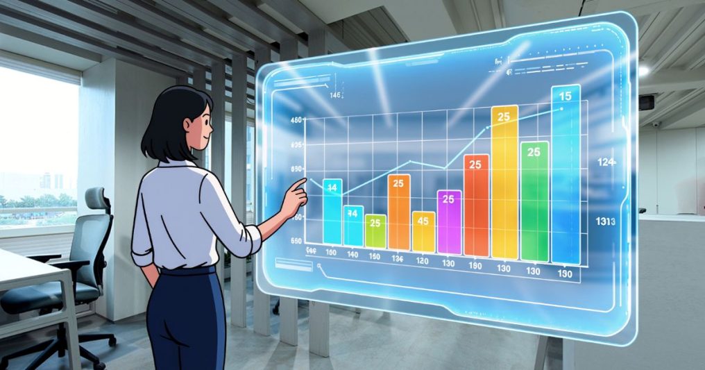 A woman in a modern office interacts with a large, futuristic digital screen displaying a colorful bar chart—symbolizing data-driven marketing strategies and emerging trends to leverage in 2026.