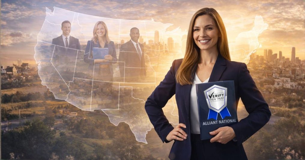 A confident businesswoman holding a folder labeled "Verify Then Trust – Alliant National" stands in front of a glowing U.S. map, with other professionals visible in various regions—symbolizing that Alliant National agents took a stand against fraud nationwide.