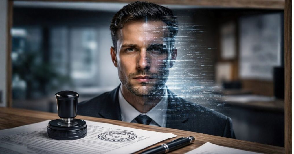 A man’s face appears partially digitized beside a stamped legal document and pen—symbolizing the intersection of technology, identity verification, and fraud prevention in real estate transactions.