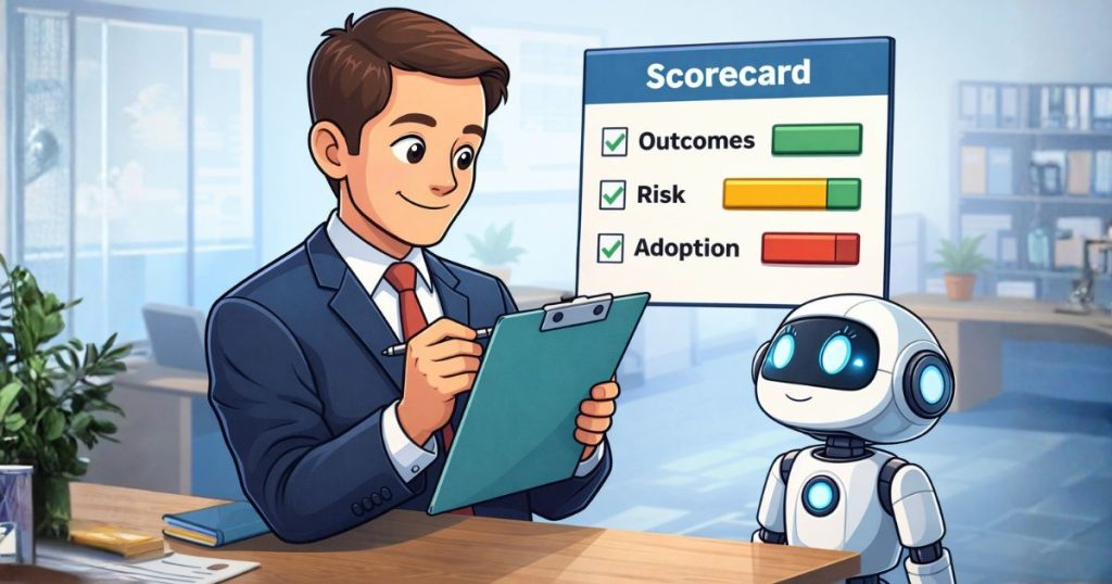 A professional reviewing a simple scoreboard chart while a small AI robot stands beside them expectantly.