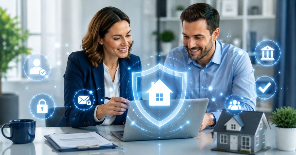 Modern real estate professionals reviewing a secure digital transaction on a laptop surrounded by glowing cybersecurity and trust icons, symbolizing safe closings, fraud prevention, encrypted communication, and consumer confidence in title services.