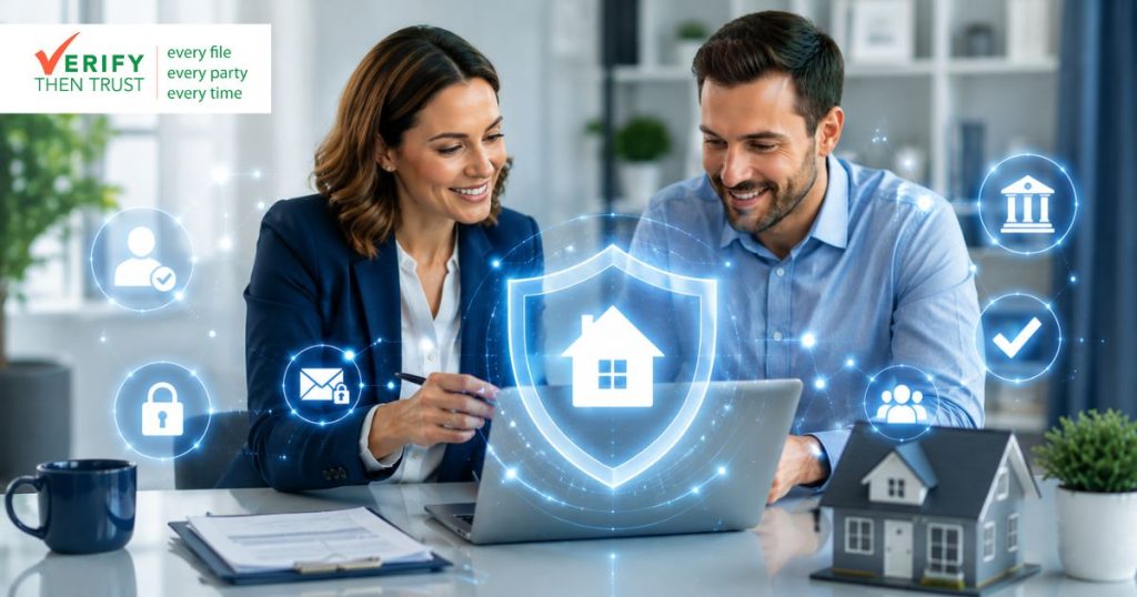 Modern real estate professionals reviewing a secure digital transaction on a laptop surrounded by glowing cybersecurity and trust icons, symbolizing safe closings, fraud prevention, encrypted communication, and consumer confidence in title services.
