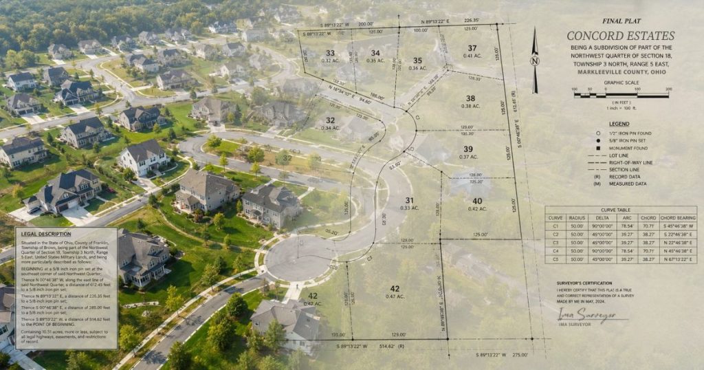 A bright aerial view of a suburban subdivision with a transparent plat map overlay showing lot boundaries, parcel dimensions, curve tables, and legal description details, illustrating how legal descriptions identify and define real property ownership.