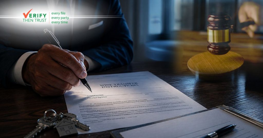 A person signs a document labeled “Wire Transfer Instructions” at a closing table, with keys, a closing disclosure, and a judge’s gavel in view—symbolizing the legal and financial risks associated with real estate wire transfers.
