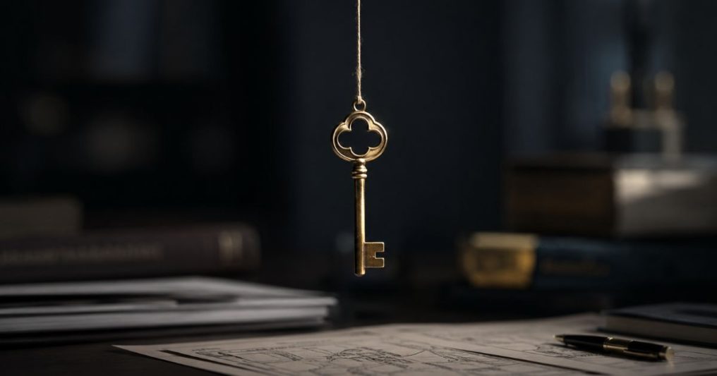 Antique key suspended by a thin cord in a dim study.