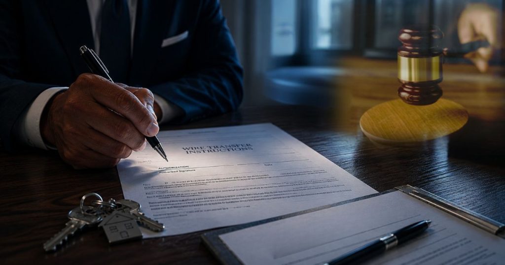 A person signs a document labeled “Wire Transfer Instructions” at a closing table, with keys, a closing disclosure, and a judge’s gavel in view—symbolizing the legal and financial risks associated with real estate wire transfers.