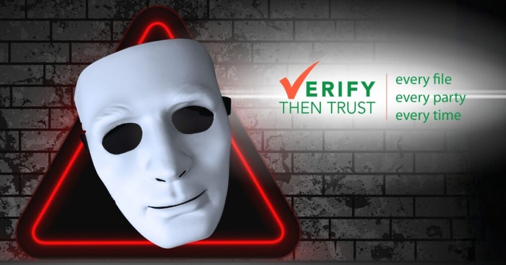 A mysterious white mask appears over a glowing red warning triangle beside the message “Verify Then Trust,” symbolizing the importance of recognizing and preventing seller impersonation fraud in real estate transactions.