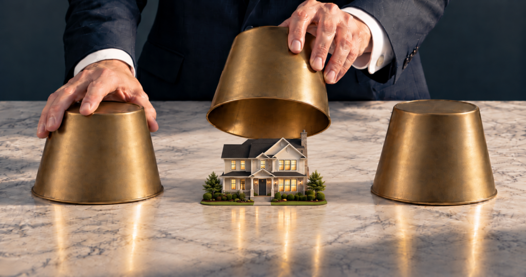 A man in a dark suit lifts one of three brass cups to reveal a miniature house beneath it, illustrating a real estate shell game and foreclosure rescue scam.